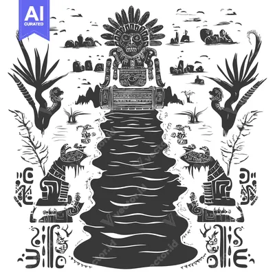 Stylized Black and White Illustration of an Ancient Mayan River Scene