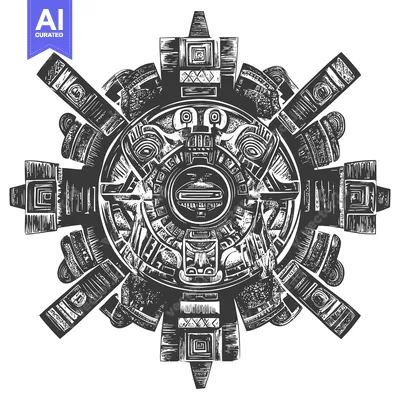 Stylized Black and White Illustration of an Ancient Mesoamerican Desig