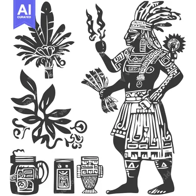 Aset premium populer: Stylized Black and White Illustration of an Aztec Figure with Ritual I