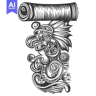 Stylized Black and White Illustration of an Aztec-Inspired Design with
