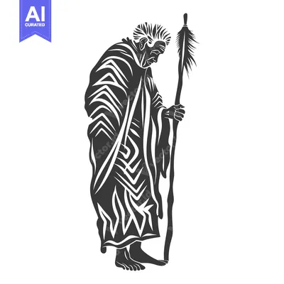 Aset desain premium: Stylized Black and White Illustration of an Elderly Man with a Staff