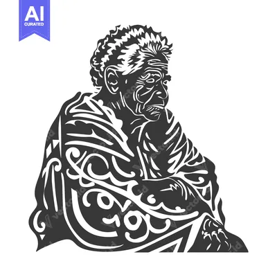 Aset desain premium: Stylized Black and White Illustration of an Elderly Person