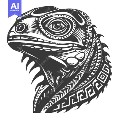 Stylized Black and White Illustration of an Iguana Head