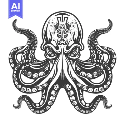 Stylized Black and White Illustration of an Octopus with Geometric Pat