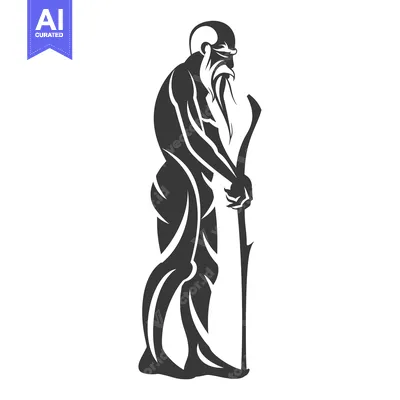 Popular premium asset: Stylized Black and White Illustration of an Old Man with a Staff