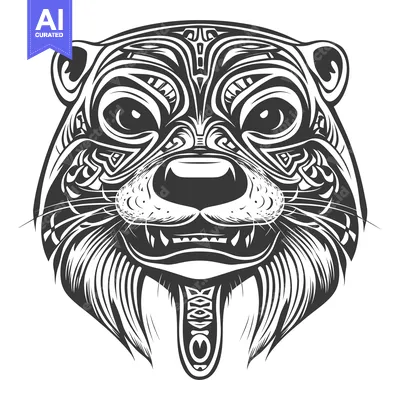 Stylized Black and White Illustration of an Otter's Face