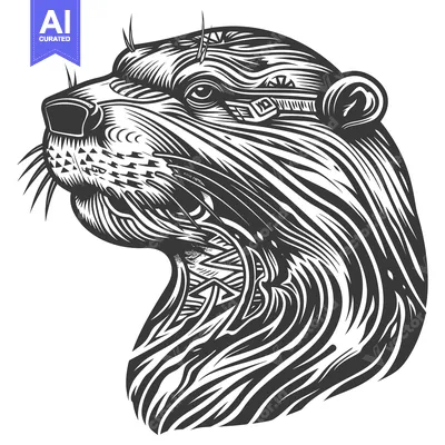 Premium design asset: Stylized Black and White Illustration of an Otter's Head