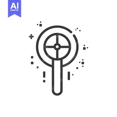 A black and white line drawing of a magic wand with a target on the to