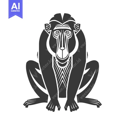 Stylized Black and White Illustration of a Sitting Baboon
