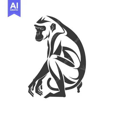 Aset desain premium: Stylized Black and White Illustration of a Sitting Monkey