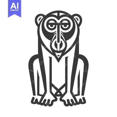Aset desain premium: Stylized Black and White Illustration of a Sitting Monkey