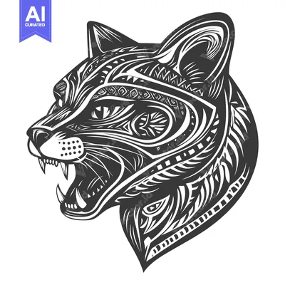 Premium design asset: Stylized black and white illustration of a snarling cat head with intr