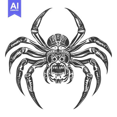 Stylized Black and White Illustration of a Spider with Fangs