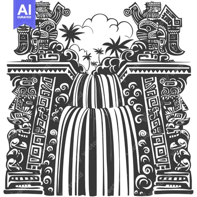 Aset desain premium: Stylized Black and White Illustration of a Waterfall with Jungle Vines