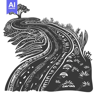 Aset premium populer: Stylized Black and White Illustration of a Winding Path Through a Fore