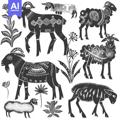 Aset premium populer: Stylized Black and White Illustration of Goats and Sheep in a Meadow