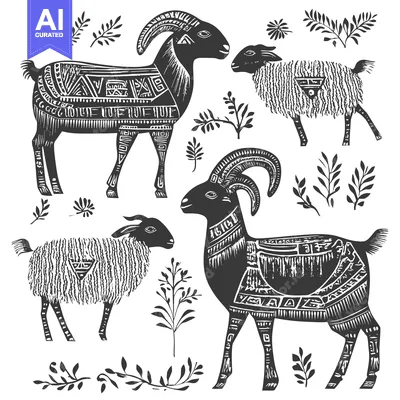 Stylized Black and White Illustration of Goats and Sheep with Floral M