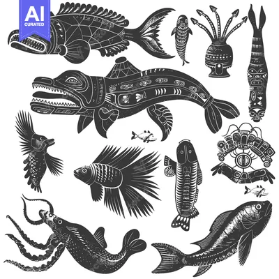 Stylized Black and White Illustration of Various Fish and Sea Creature