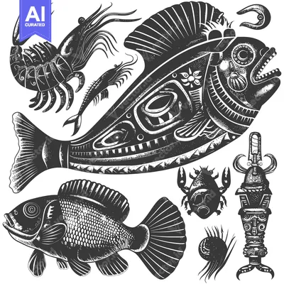 Stylized Black and White Illustration of Various Sea Creatures