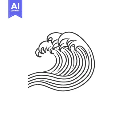 Stylized Black and White Line Art Illustration of a Single Wave