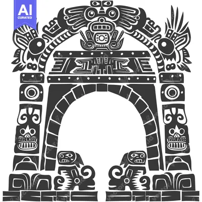 Stylized Black and White Mayan Archway with Animalistic Totems