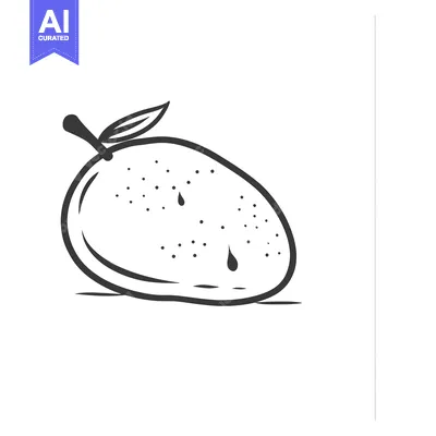 A Black and White Line Drawing of a Mango with a Stem and Drops of Jui