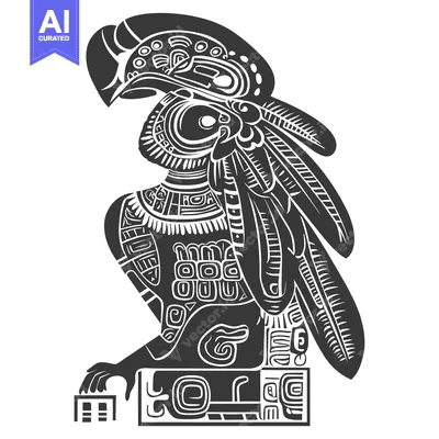 Stylized Black and White Mayan Bird with Feathers