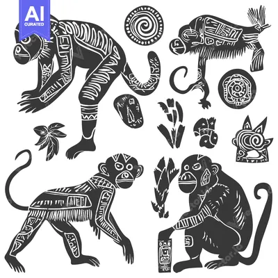 Stylized Black and White Monkey Illustrations with Geometric Patterns