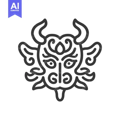 Stylized Black and White Outline of a Mythical Beast Face