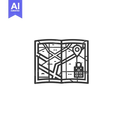 Premium design asset: A Black and White Line Drawing of a Map with a Pin and a Padlock