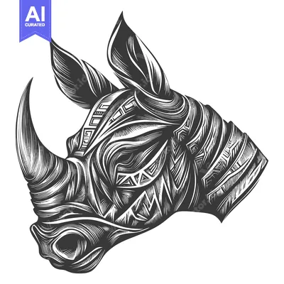 Aset desain premium: Stylized Black and White Rhino Head Illustration
