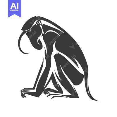 Aset desain premium: Stylized Black and White Silhouette of a Monkey Sitting on Its Haunche