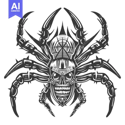 Stylized Black and White Spider with Skull-like Head