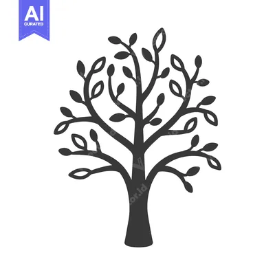 Stylized Black and White Tree Silhouette with Branches and Leaves