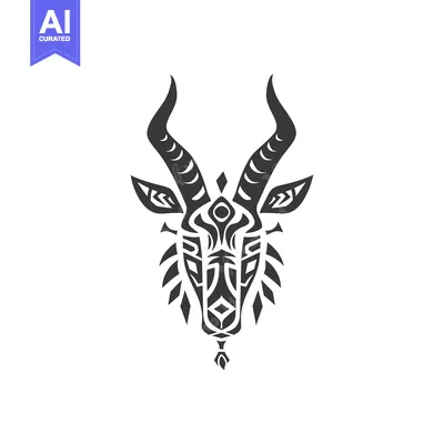 Premium design asset: Stylized Black and White Tribal Animal Head with Curved Horns