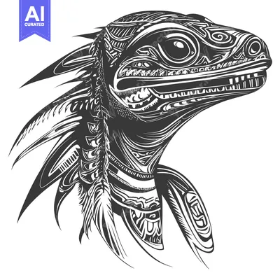 Aset premium populer: Stylized Black and White Tribal Lizard Head with Feathers