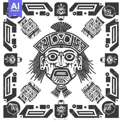 Premium design asset: Stylized Black and White Tribal Mask with Geometric Border