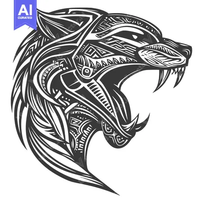 Aset premium populer: Stylized Black and White Wolf Head with Open Mouth and Fangs
