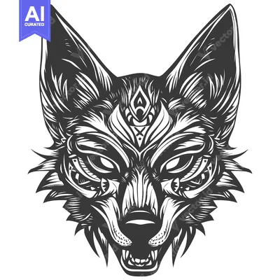 Stylized Black and White Wolf Head with Ornate Design