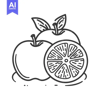 A black and white line drawing of an apple and a slice of orange.