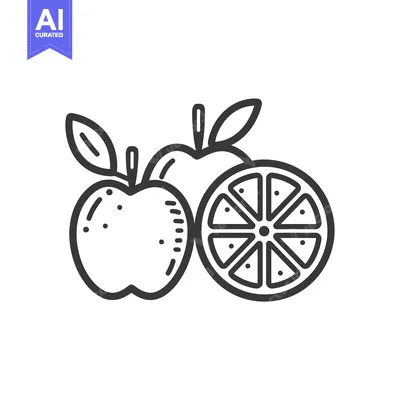 A black and white line drawing of an apple and orange