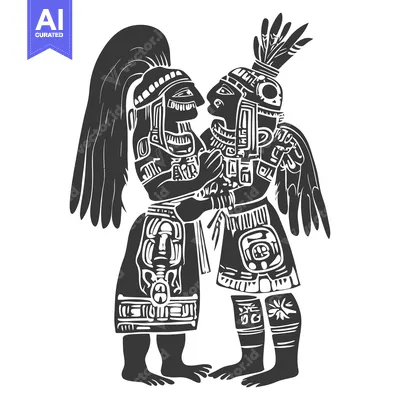 Stylized Depiction of Two Aztec Figures in Traditional Attire