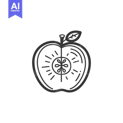 Premium design asset: A black and white line drawing of an apple cut in half