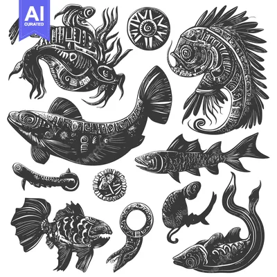 Stylized Fish and Sea Life with Geometric Patterns