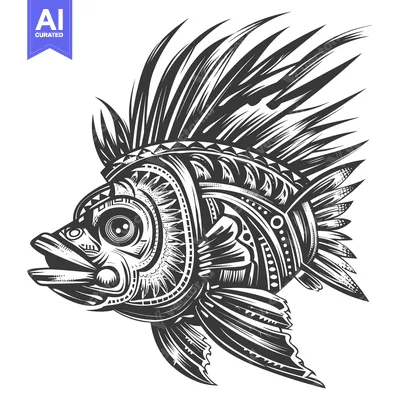 Aset desain premium: Stylized Fish with Geometric Patterns and Spiky Fins
