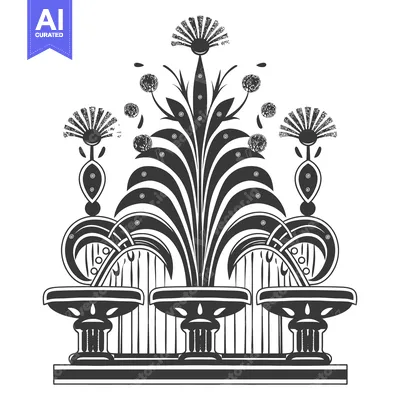 Stylized Floral Design with Three Vases on Pedestals