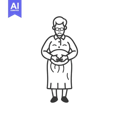 A Black and White Line Drawing of an Elderly Woman Holding Her Stomach