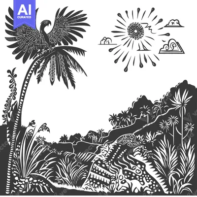 Stylized Illustration of a Bird in a Tropical Landscape