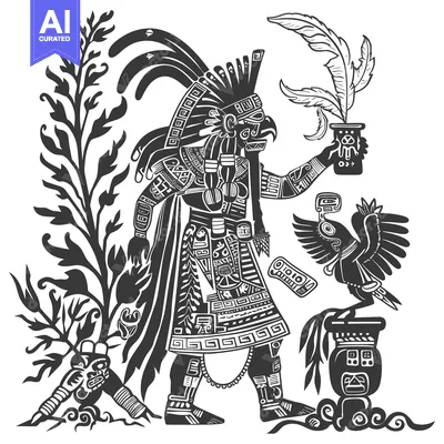 Aset premium populer: Stylized Illustration of an Aztec Figure with a Bird and Feathers