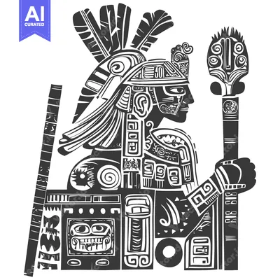 Stylized Illustration of an Aztec Warrior Holding a Ceremonial Staff